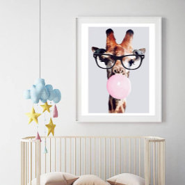 POSTER GIRAFA USANDO ÓCULOS SOPRANDO GOMA DE MASCAR ROSA