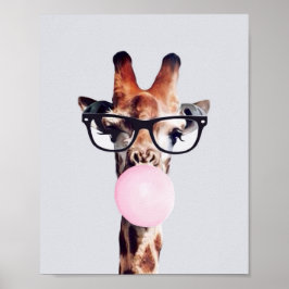 POSTER GIRAFA USANDO ÓCULOS SOPRANDO UM BALÃO DE CHICLETE
