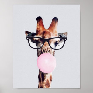 POSTER GIRAFA USANDO ÓCULOS SOPRANDO UM BALÃO DE CHICLETE