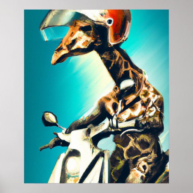 Poster Girafa Vestindo Capacete em Motocicleta Arte AI Mo (Frente)
