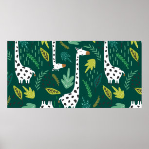 Poster Girafas, folhas, fundo desenhado à mão. Colorido s