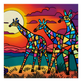 Pôster Girafas na savana debaixo do sol da noite