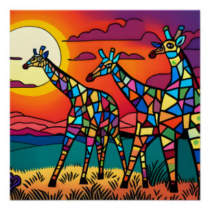 Pôster Girafas na savana debaixo do sol da noite