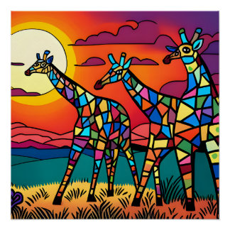 Pôster Girafas na savana debaixo do sol da noite