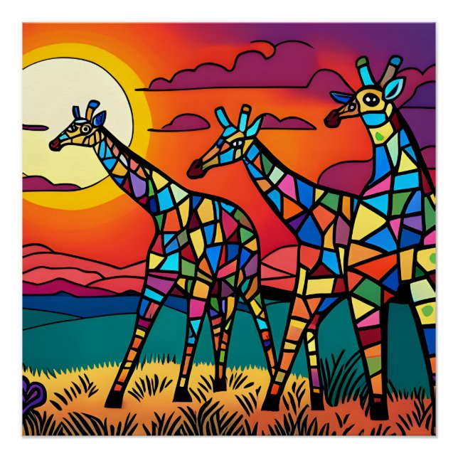 Pôster Girafas na savana debaixo do sol da noite (Frente)