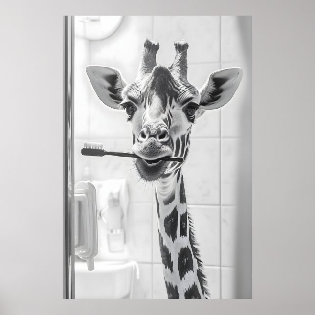 Poster Giraffe Brushing Teeth Print, Funny Bathroom (Frente)