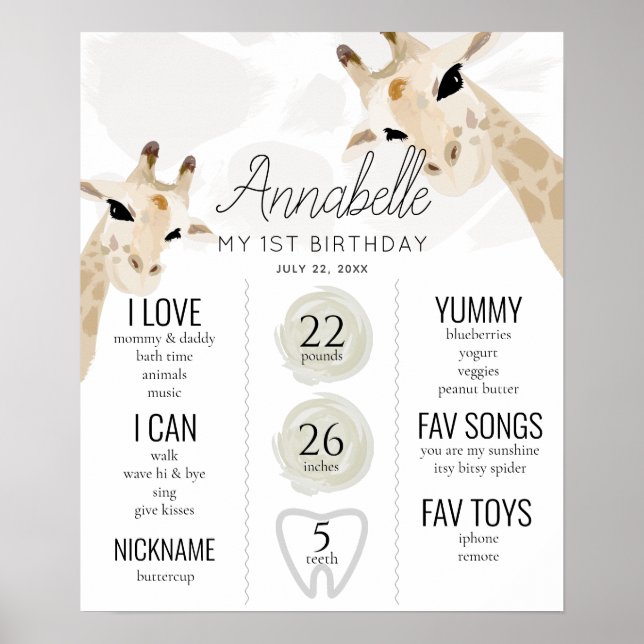Poster Giraffe primeiro aniversario Milestone White Poste (Frente)