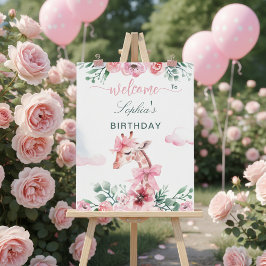 Poster Giraffe Watercolor Floral Pink Ribbon Girl 