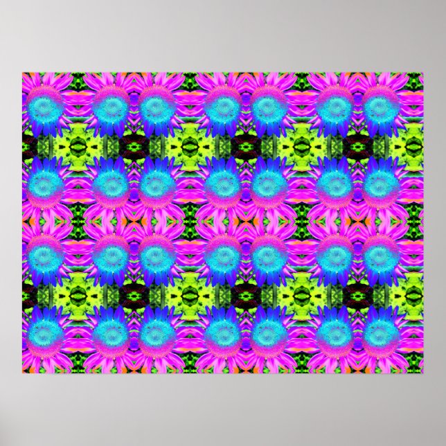 Poster Girassóis Abstratos Azuis, flores mandala (Frente)