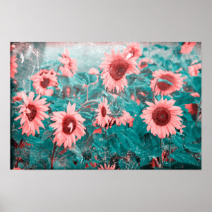Poster Girassóis Azul Turquesa Rosa Floral Vintage Textur