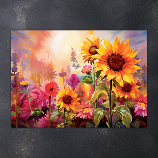 Poster Girassóis bonito no Campo das Flores Coloridas (Pretty Sunflowers in Field of Colorful Flowers Poster)