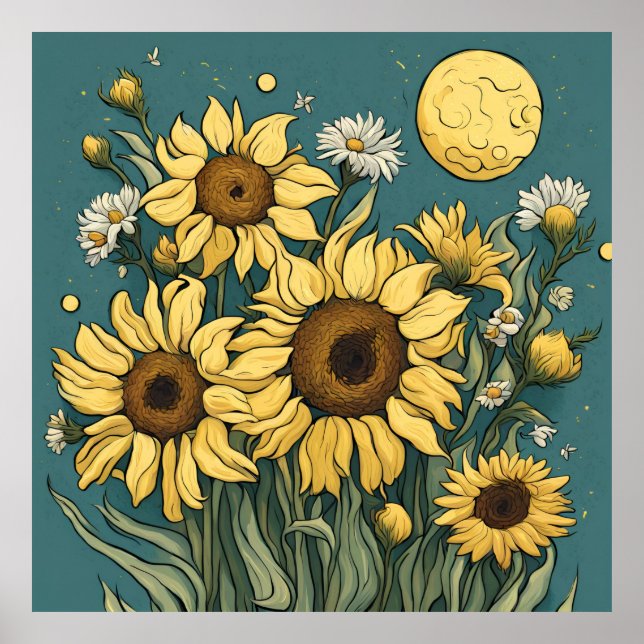 Poster Girassóis com estilo Van Gogh de lua cheia Floral (Frente)
