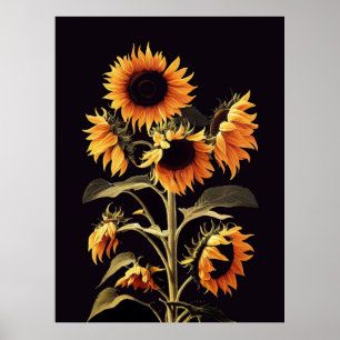 POSTER GIRASSÓIS COM FOLHAS VERDES EM PRETO