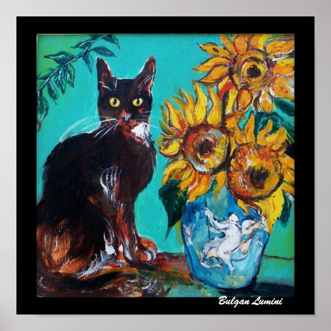 PÔSTER GIRASSÓIS COM GATO PRETO EM TURQUESA AZUL (Frente)