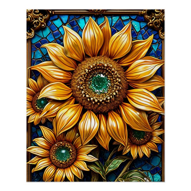 Pôster Girassóis e Elementos de Moldura Decorativa (Frente)