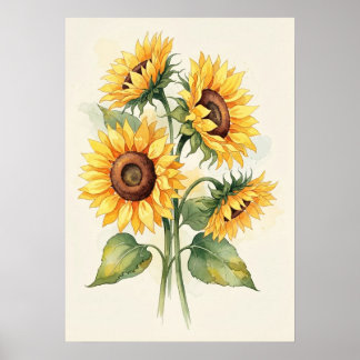 Poster Girassóis Elegantes Aquarela Minimalista