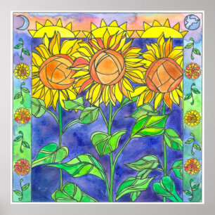 Pôster Girassóis Flores d'água Sol Lua