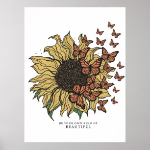 Poster Girassol Boho Vintage com Borboletas