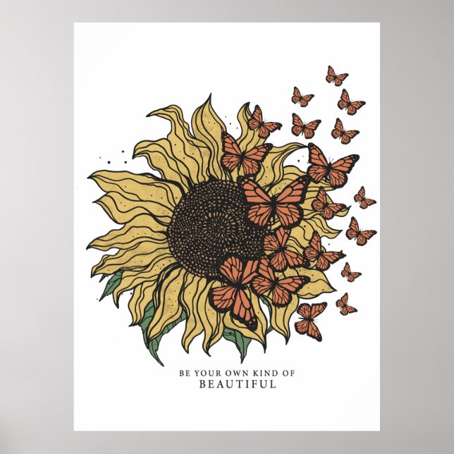 Poster Girassol Boho Vintage com Borboletas (Frente)