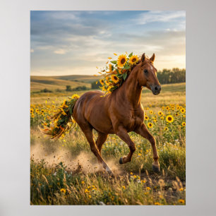 Poster Girassol Cavalo Prado Corrida