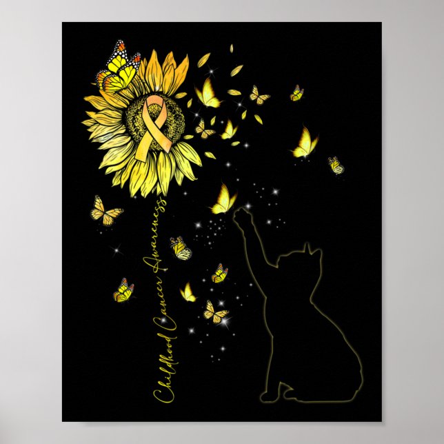 Poster Girassol Gato Dourado Fita Cancer de Infância Awar (Frente)