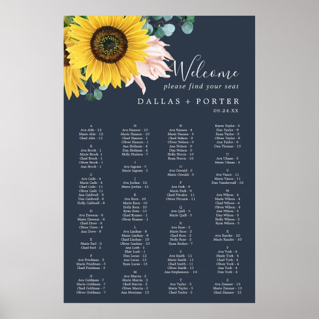 Poster Girassol Russo | Gráfico de lugares alfabéticos do (Frente)