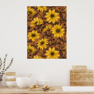 Poster Girassol selvagem, raiz de sol em amarelo e marrom