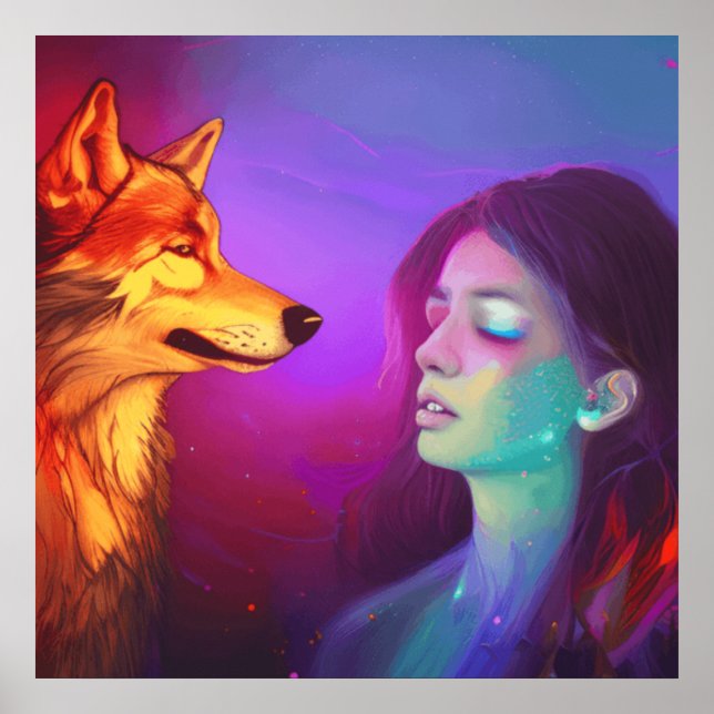 Poster Girl and her Wolf AI Generated Fantasy Pop Art (Frente)