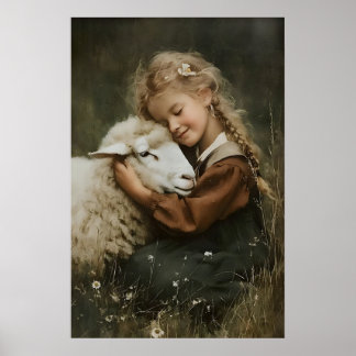 Poster Girl Hugs A Sheep Print, Whimsical Farm Nursery