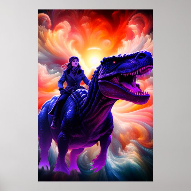 Poster Girl Riding Dinosaur for Adults + Kid's Wall Room (Frente)