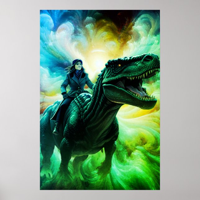 Poster Girl Riding Dinosaur for Adults + Kid's Wall Room (Frente)
