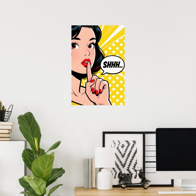 Poster Girl Saying Shhhhh Pop Art (Escritório em casa)