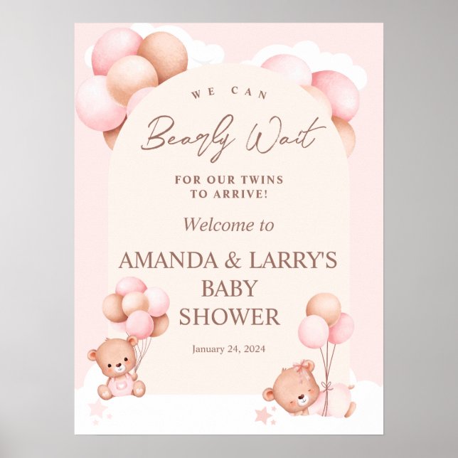 Poster Girl Twins Teddy Bear Baby Shower Welcome (Frente)