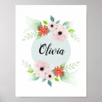 Girls Cute Floral Watercolor Flowers e Name