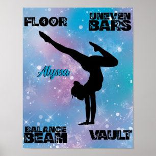 Poster Girls Gymnastics Floor, Bares, Beam, Cofre Pastel