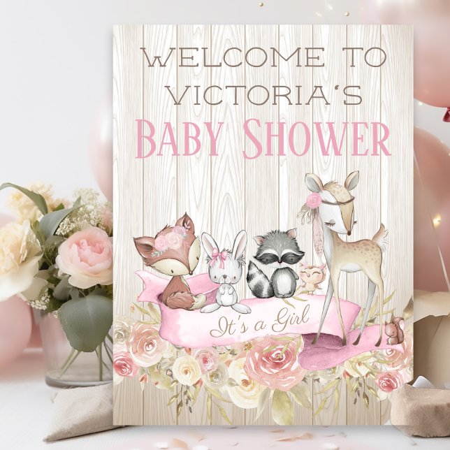 Poster Girls Woodland Baby Shower Welcome Sign (Sweet woodland baby shower welcome sign. Simply add your event details.)