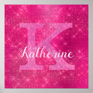Poster Girly Hot Pink Glitter Sparkle Glam Monogram Name