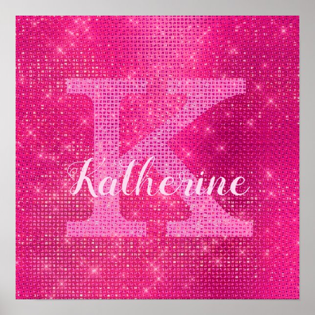 Poster Girly Hot Pink Glitter Sparkle Glam Monogram Name (Frente)