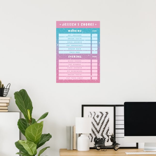 Poster Girly Pink Glitter Kids Dry Erase Daily Chores  (Escritório em casa)