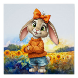 Pôster Girly rabbit sunflower field 