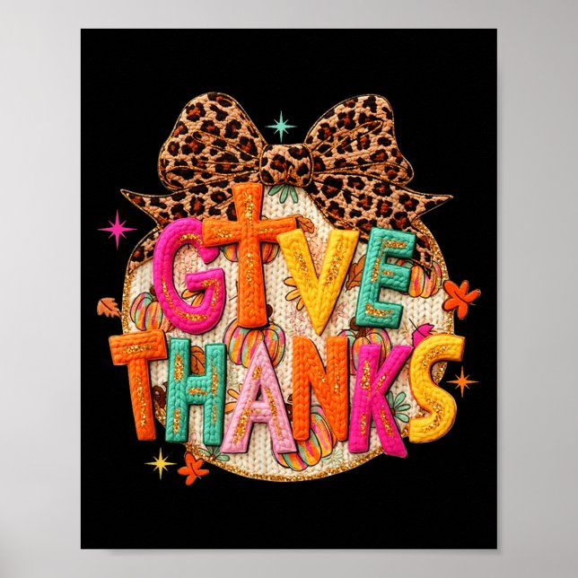 Poster Give Thanks, Fall Leopard Coquette Bow, Preppy Tha (Frente)