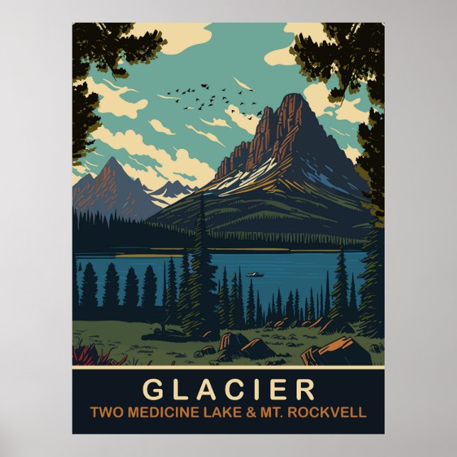 Poster Glaciar, Dois Lago Medicina e Monte Rockwell (Frente)