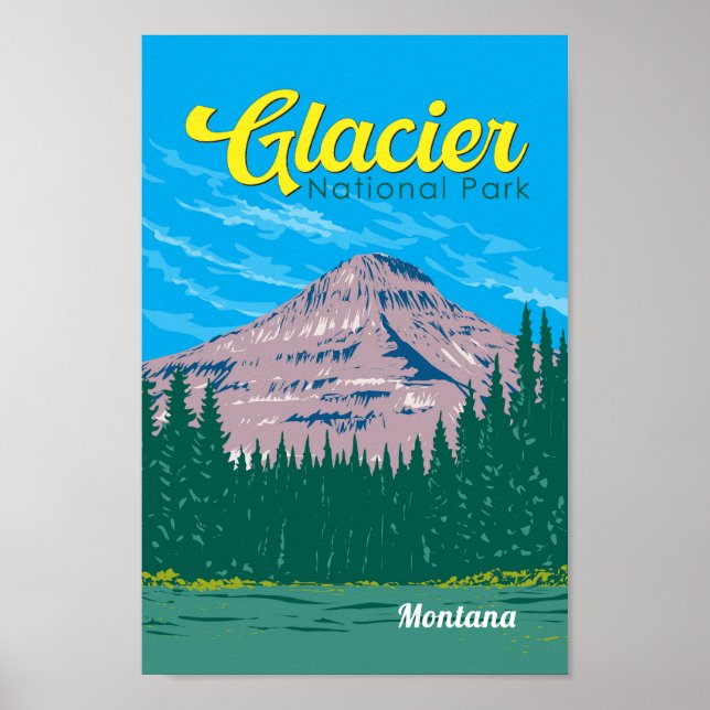 Poster Glacier National Park Illustration Viagem Vintage (Frente)