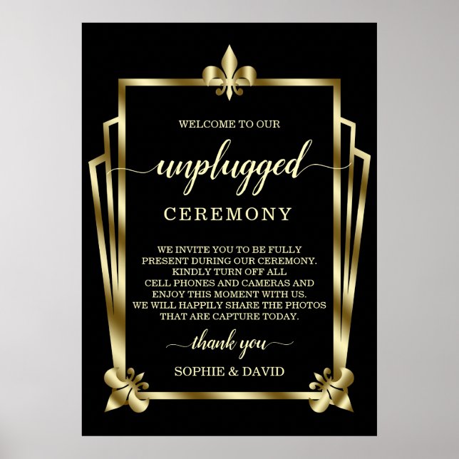 Poster Glam Dourado Art Deco Unplugged Ceremony Sinal (Frente)
