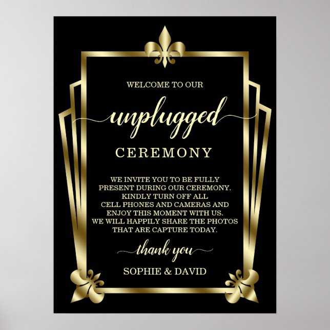 Poster Glam Dourado Art Deco Unplugged Ceremony Sinal (Frente)