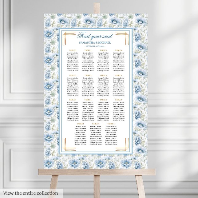 Poster Glam Dusty Blue Watercolor Seating (Glam Dusty Blue Gold Watercolor Wedding Seating Chart)