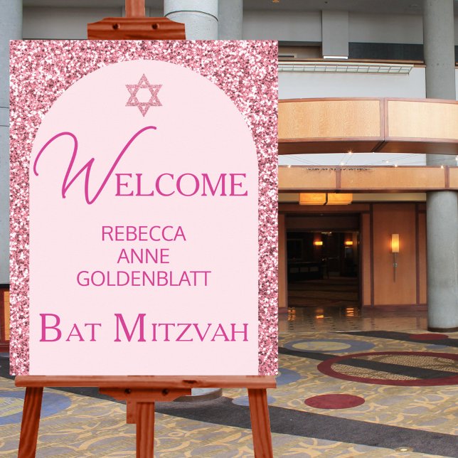 Poster Glam Pink Elegante Chic Bat Mitzvah Bem-Vindo (The perfect Bat Mitzvah welcome sign to greet your guests at the venue)