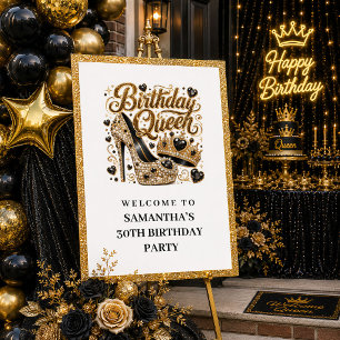Poster Glam Preto Dourado Confete Aniversário Rainha Bem-