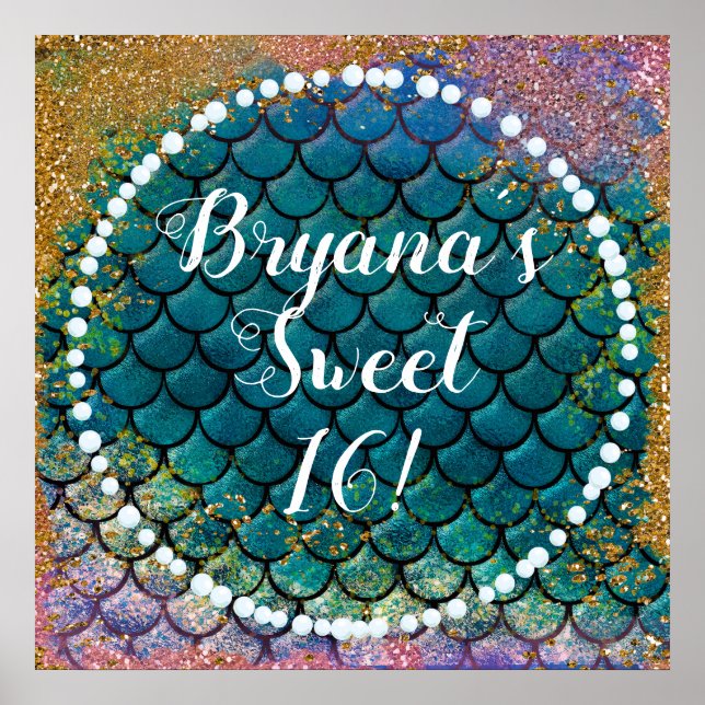Poster Glam Smermaid Fish Scalle Teal Purple Dourado Spar (Frente)