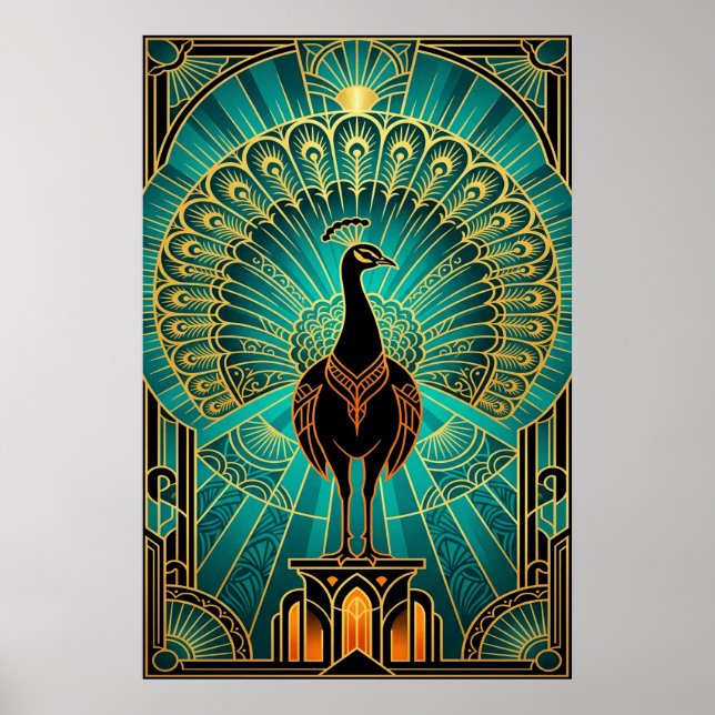 Poster Glamorous Art Deco Peacock Teal & Gold (Frente)